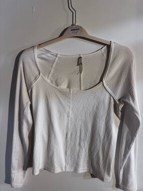Free People White Ribbed Scoop-Neck Long Sleeve Top